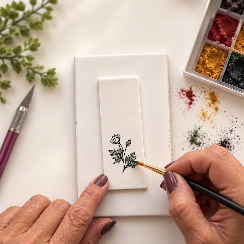 Hands painting a design onto a clay blank