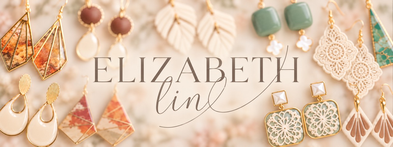 Elizabeth Line Design — handmade earrings arranged around the ELIZABETH line lettering on soft cream